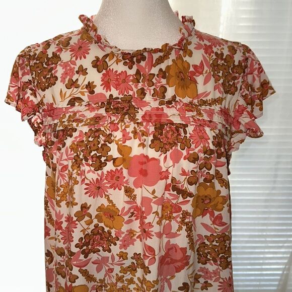 LOFT M White Pink Brown Orange Floral Flutter Sleeve Mock Ruffle Neck Blouse - Picture 3 of 10